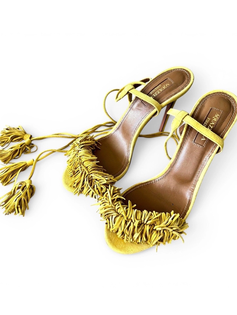 Aquazzura Wild Thing Fringe Ankle Wrap Sandals Yellow Suede